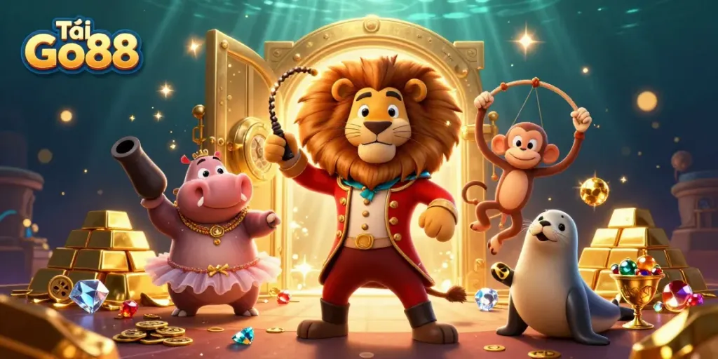 Engage with Tải Go88 through a vibrant casino-themed 3D illustration featuring whimsical characters.