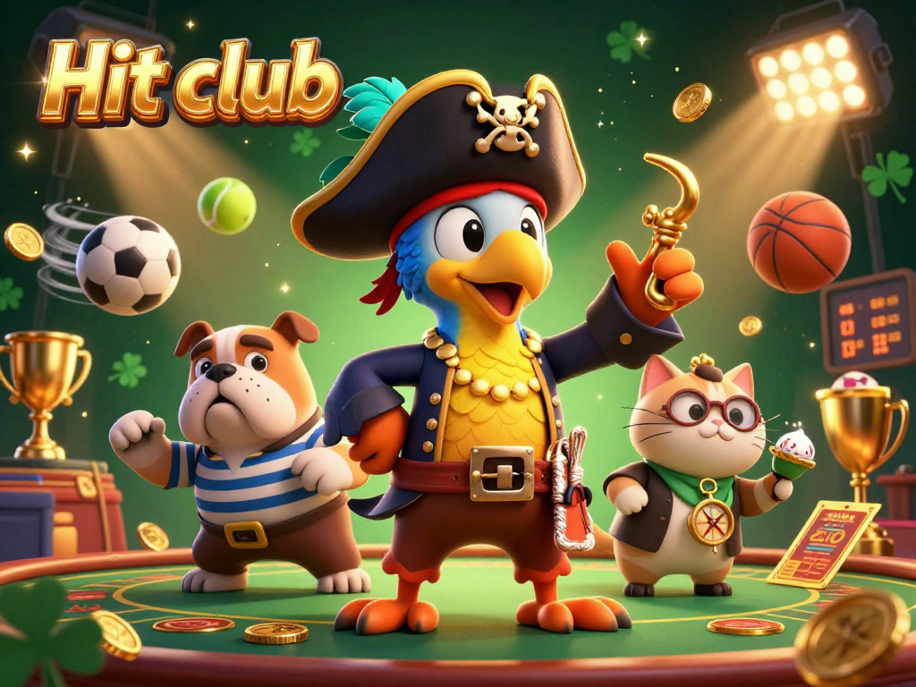 Experience the excitement of Hit club with a colorful, dynamic gambling scene filled with characters and elements.