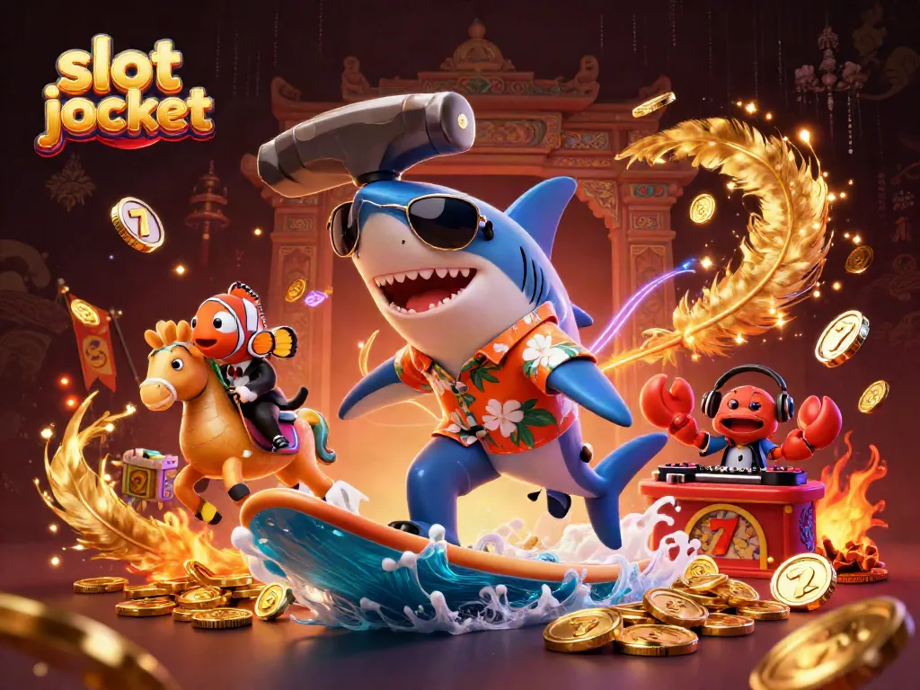 Engaging scene featuring a shark surfing on gold coins, showcasing the theme of slot jackpot excitement.