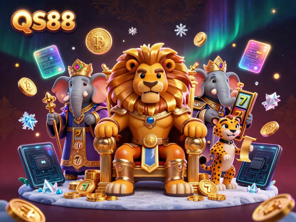 Gather around the fierce lion king at QS88's casino, surrounded by slot reels and crypto coins.