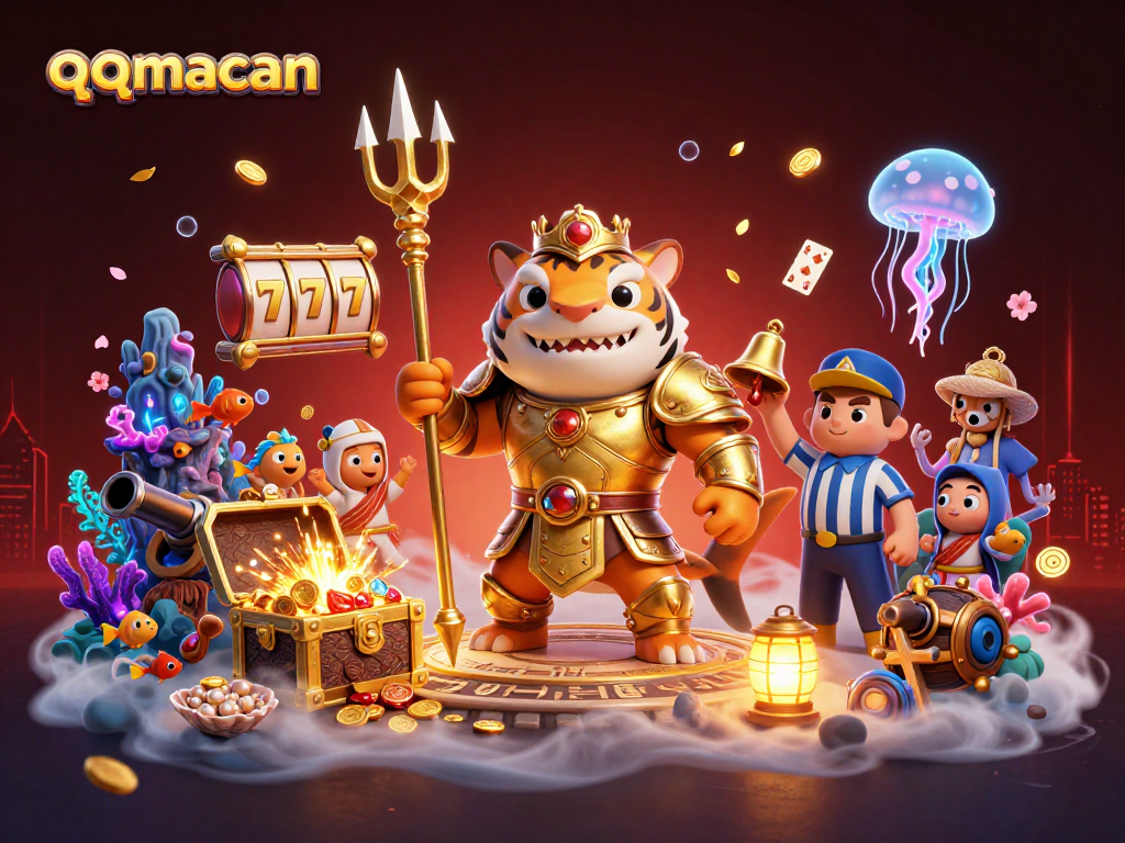 Engage with qqmacan in an electrifying underwater casino scene filled with vibrant characters and games.