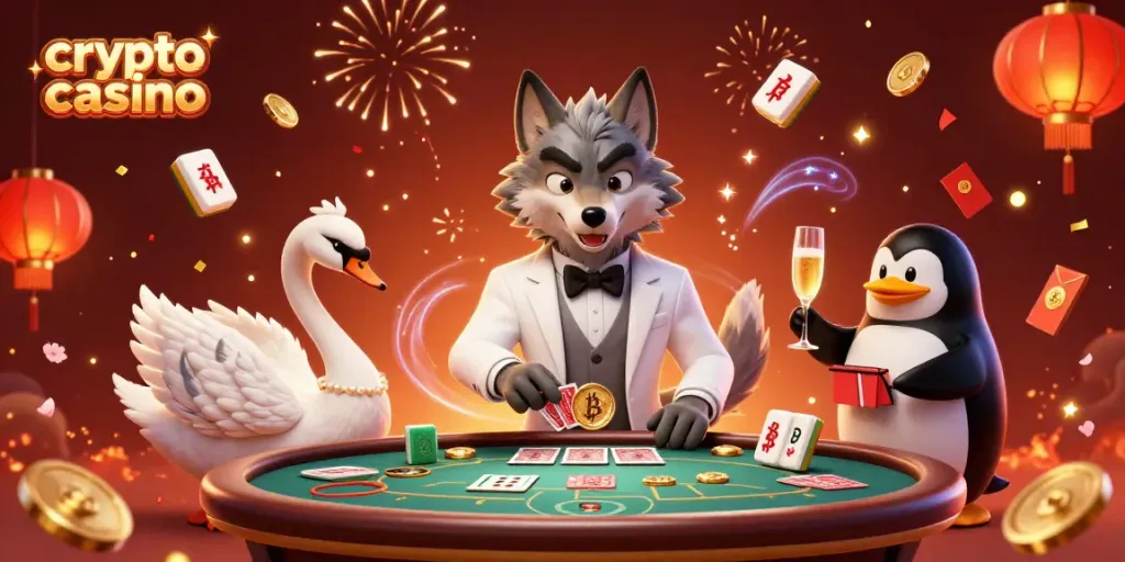 Experience the thrill of a crypto casino with vibrant characters and dynamic elements.