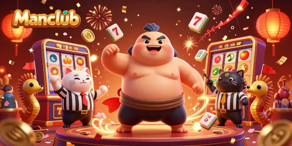 Engage with Manclub in a lively casino scene showcasing a fugu, catfish referee, and festive elements.