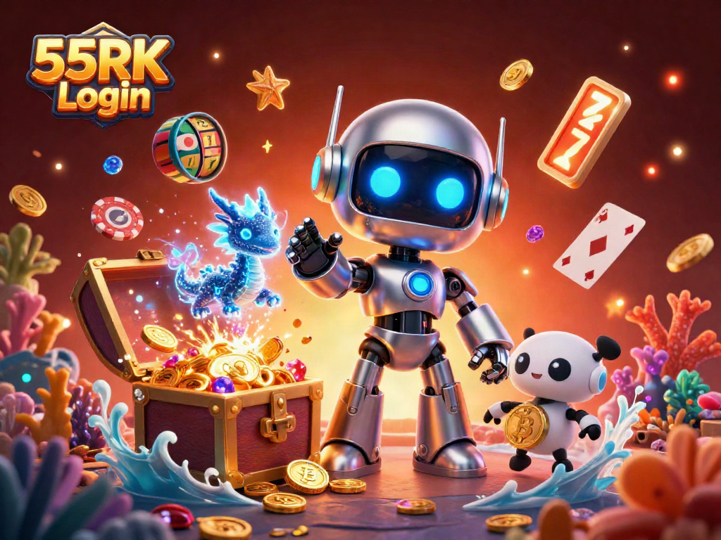 Engage in thrilling adventures with 55RK Login, featuring colorful casino elements and vibrant characters.