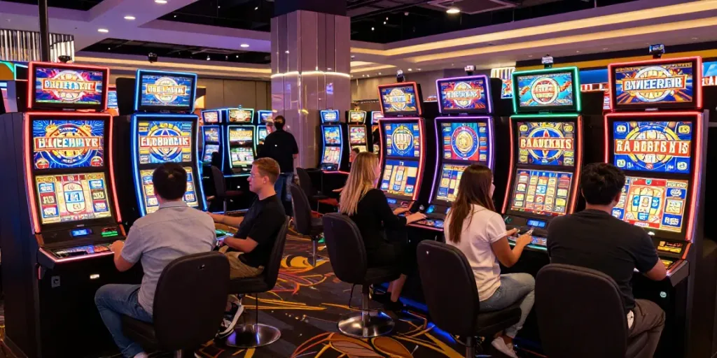 Slot gacor hari ini scene with players celebrating wins in a lively casino environment.