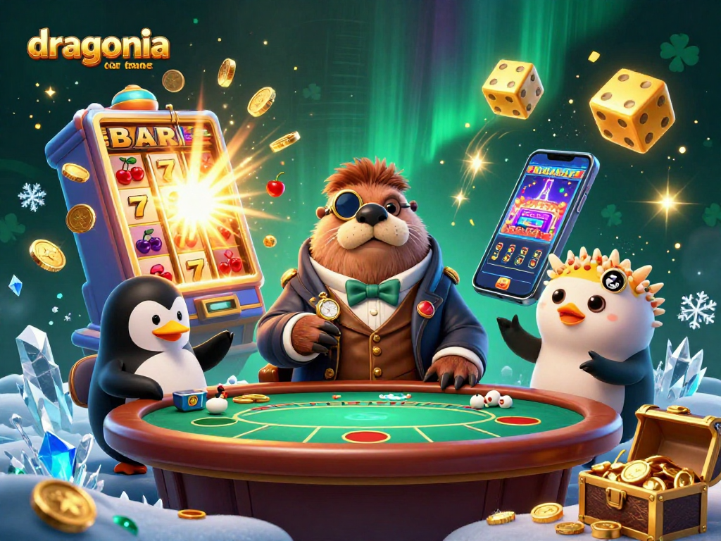 Jouez à dragonia casino france et découvrez une scène de casino vivant avec des personnages amusants et des symboles de jeux colorés.