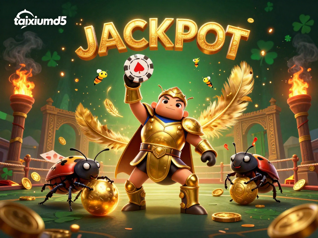 Experience the thrill of taixiumd5 in this stunning 3D illustration of a victorious gladiator beetle lifting a poker chip.