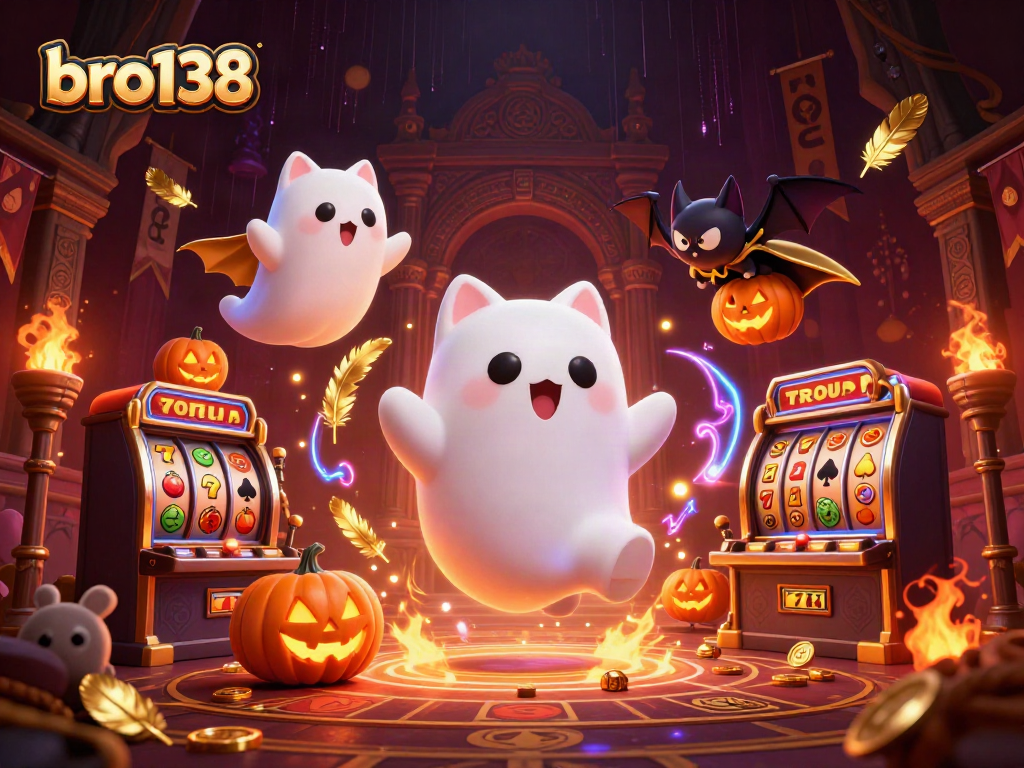 Bro138 menghadirkan kucing hantu kartun di kasino menakutkan dengan elemen jackpot dan slot berwarna-warni.