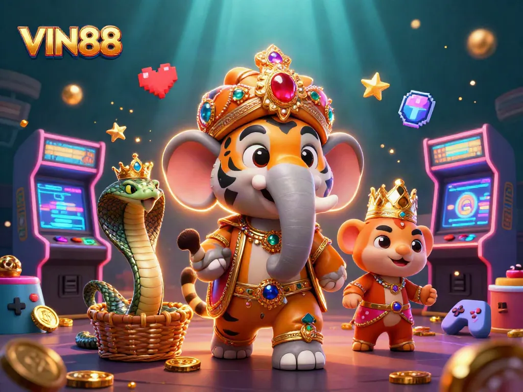 Experience thrilling gaming adventures with VIN88's vibrant casino world featuring a majestic maharaja and colorful game machines.