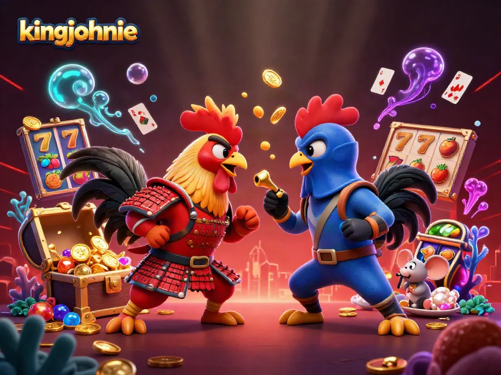 Engage in the thrilling showdown of kingjohnnie's samurai and ninja roosters amidst rich casino elements.
