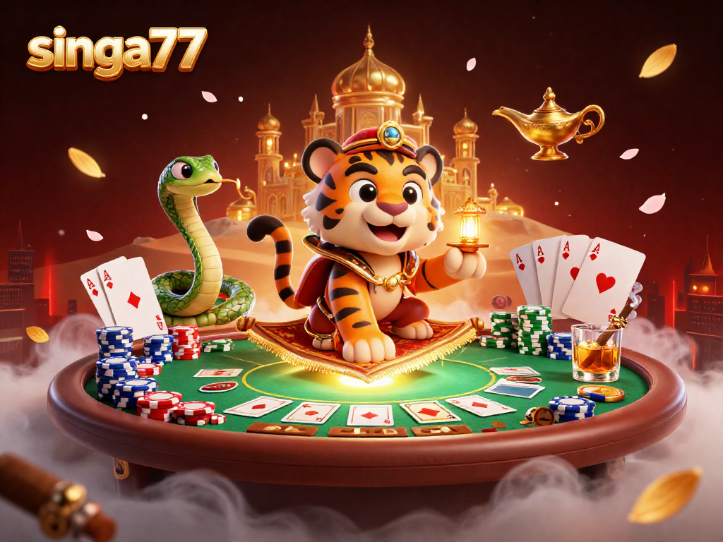 singa77 offers thrilling casino adventures featuring vibrant tiger sultan, poker elements, and desert ambiance.