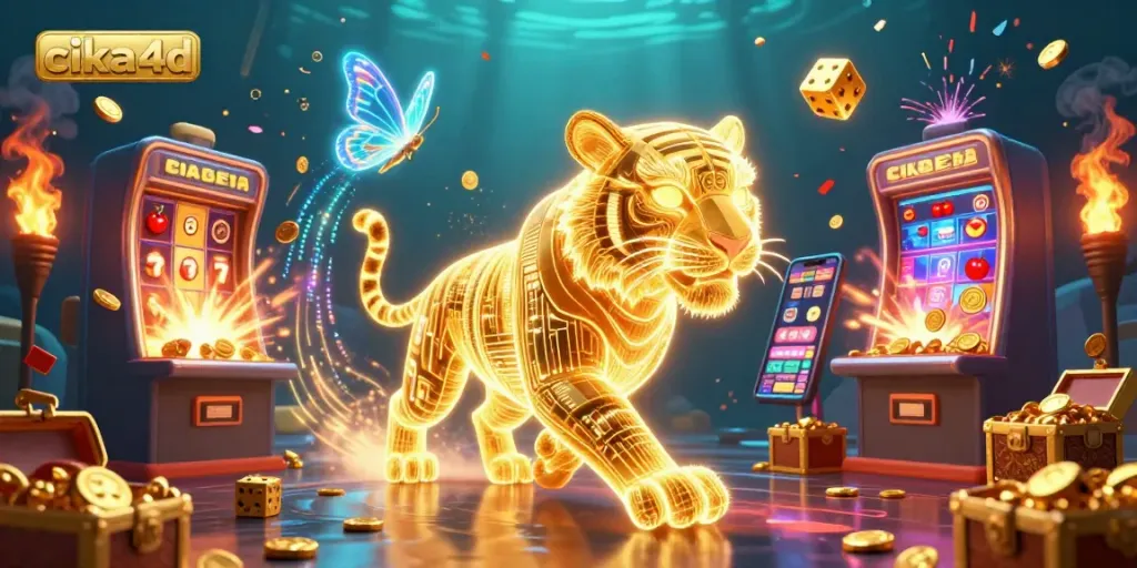 Cika4d gaming illustration showcasing vibrant casino game elements and thrilling jackpot activities.
