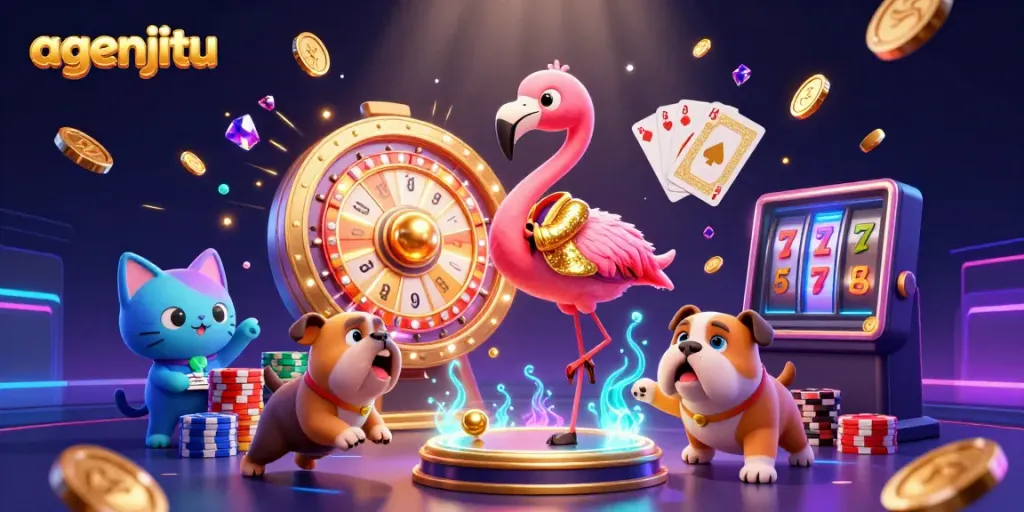 Gambarkan agenjitu dengan flamingo dan bulldog merayakan kemenangan di kasino.