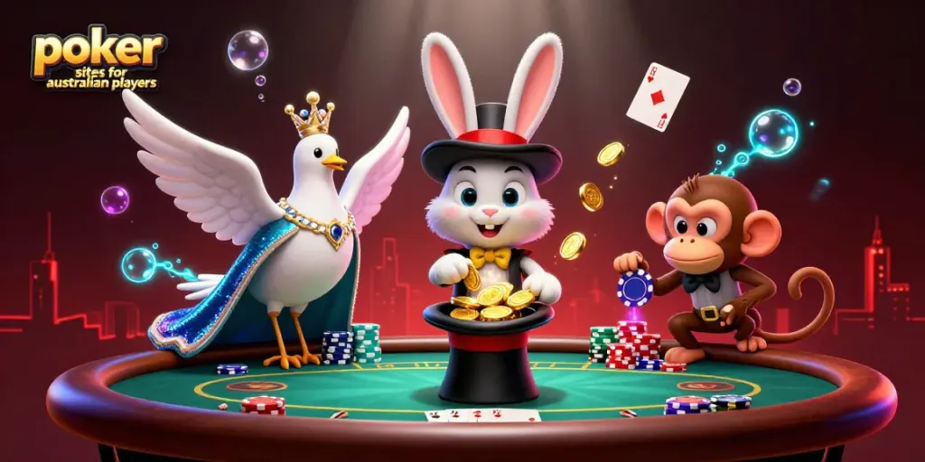 Experience the thrill of poker sites for australian players with a magical 3D illustration of a rabbit, dove, and monkey amid vibrant gaming elements.
