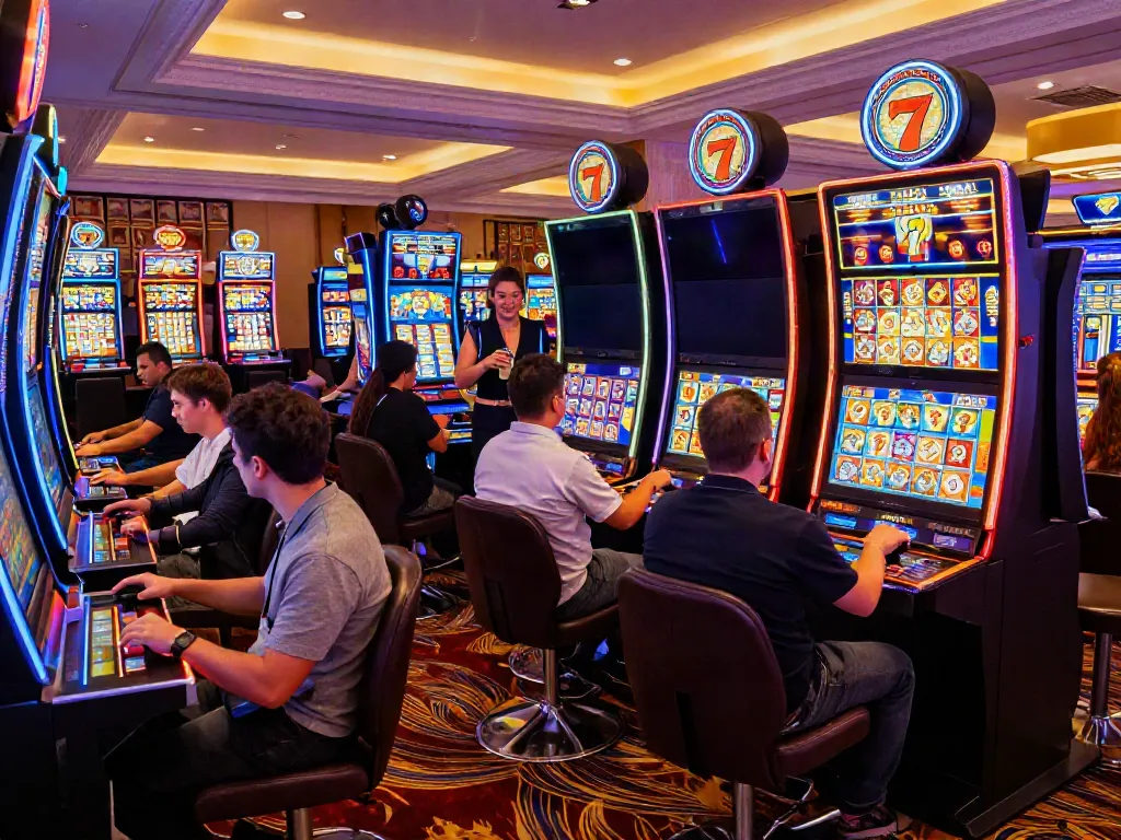 Exciting casino scene with players at Lucky777 slot machines amid vibrant neon lights.