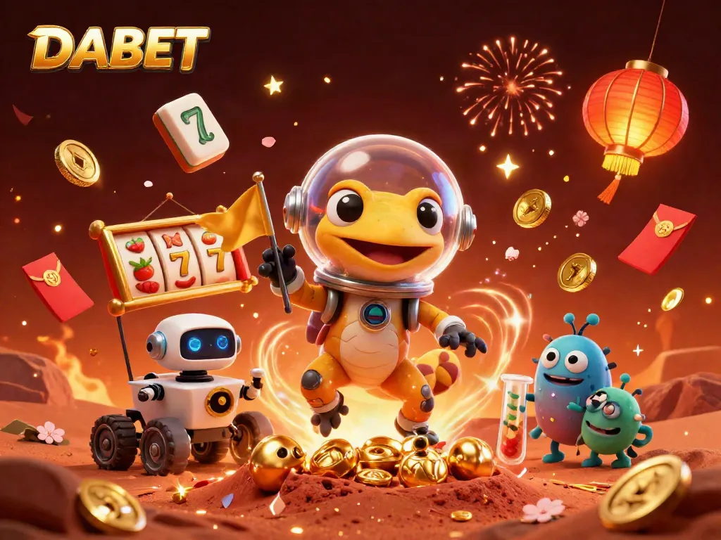 DABET ignites excitement with a Martian gecko discovering a hidden casino, surrounded by slots and festive elements.