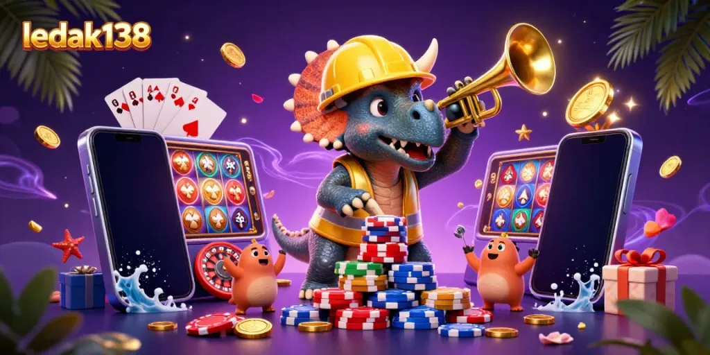 Berpartisipasi dalam permainan slot di LEDAK138 dengan ilustrasi kartun dinosaurus yang meriah.