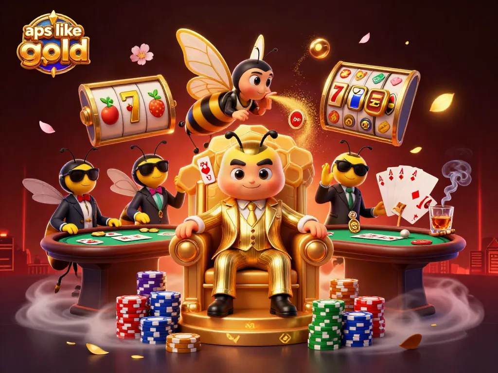 Play exciting games like Go Go Gold in a vibrant 3D casino scene with animated slot reels.