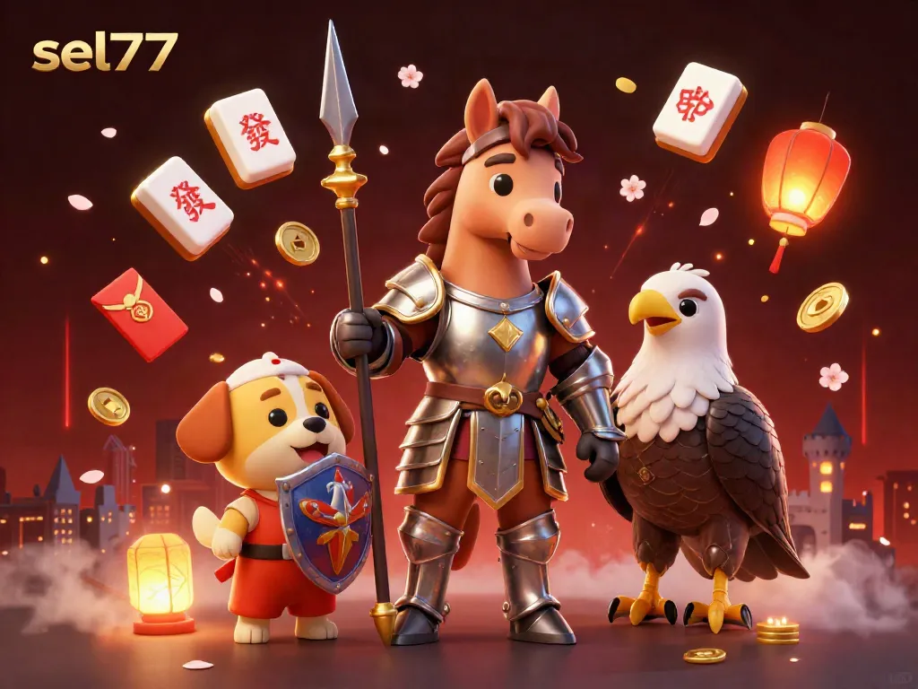 Play slots with sel777 as a medieval knight, squire, and falcon surrounded by gaming elements.