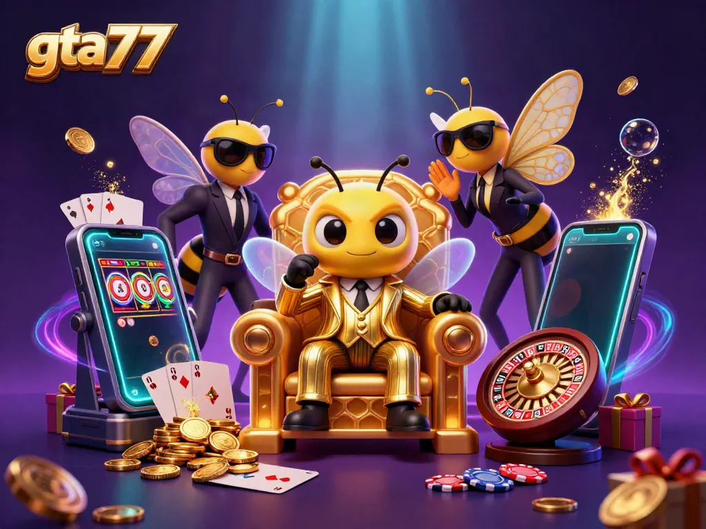GTA77 memukau dengan ilustrasi kasino 3D, menampilkan bos mafia bumblebee dan slot menguntungkan.