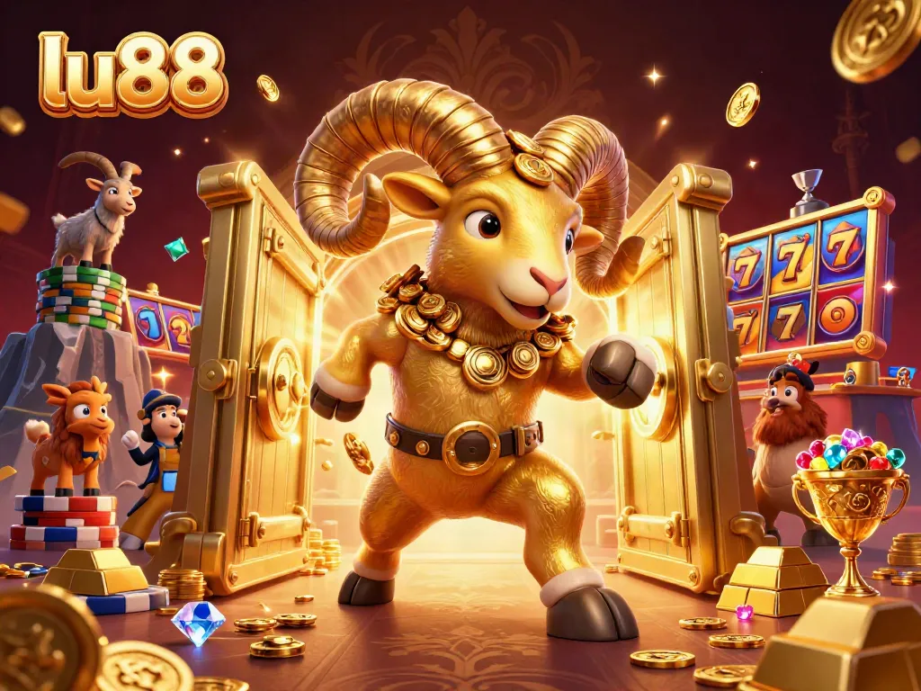 Experience the thrill of gaming at LU88 with a 3D golden ram bursting through gold treasures, slot elements included.