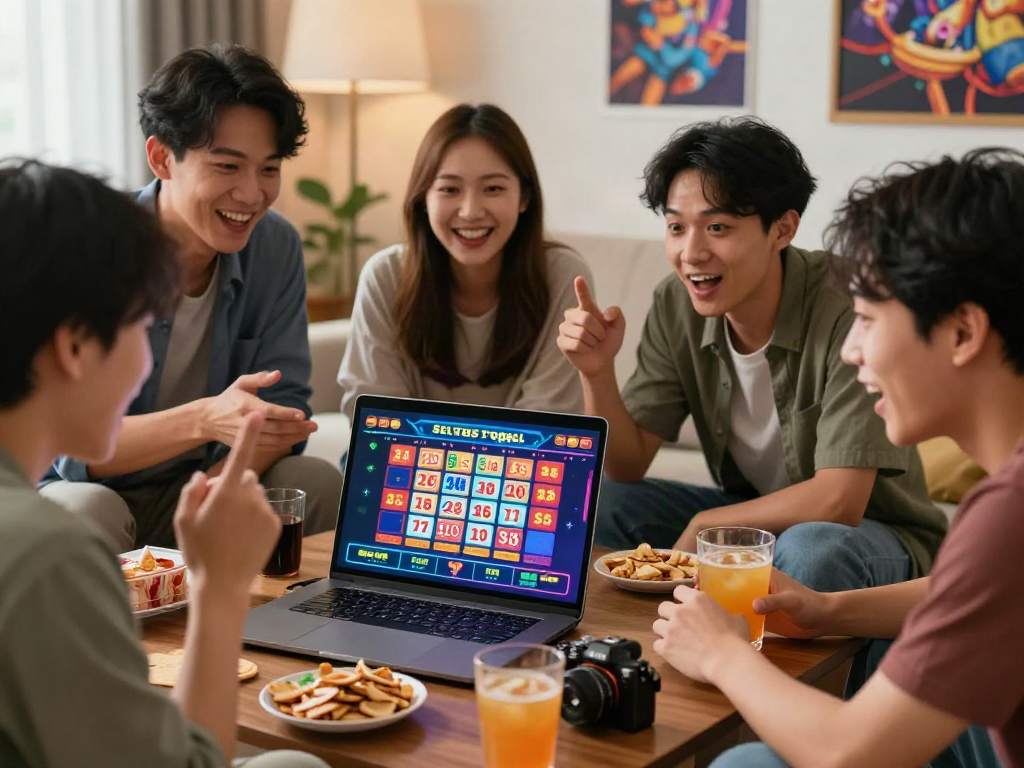 Situs togel online lottery game scene with friends engaging around a laptop.