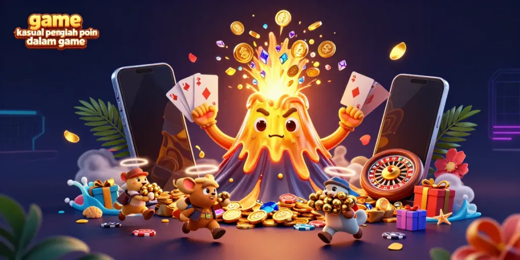 Permainan kasual penghasil poin dalam game dengan karakter aktif dan elemen kasino yang menarik, dikelilingi harta.