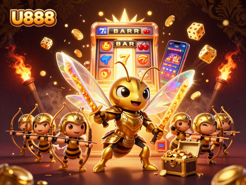 U888 showcases thrilling gambling scenes with a golden hornet and slot machine bursting with coins