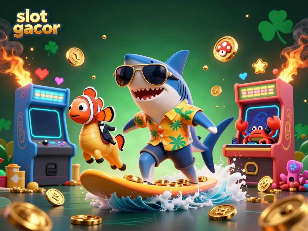 Slot gacor unik menampilkan hiu kartun dengan kuda laut dan DJ kepiting di atas gelombang koin emas.