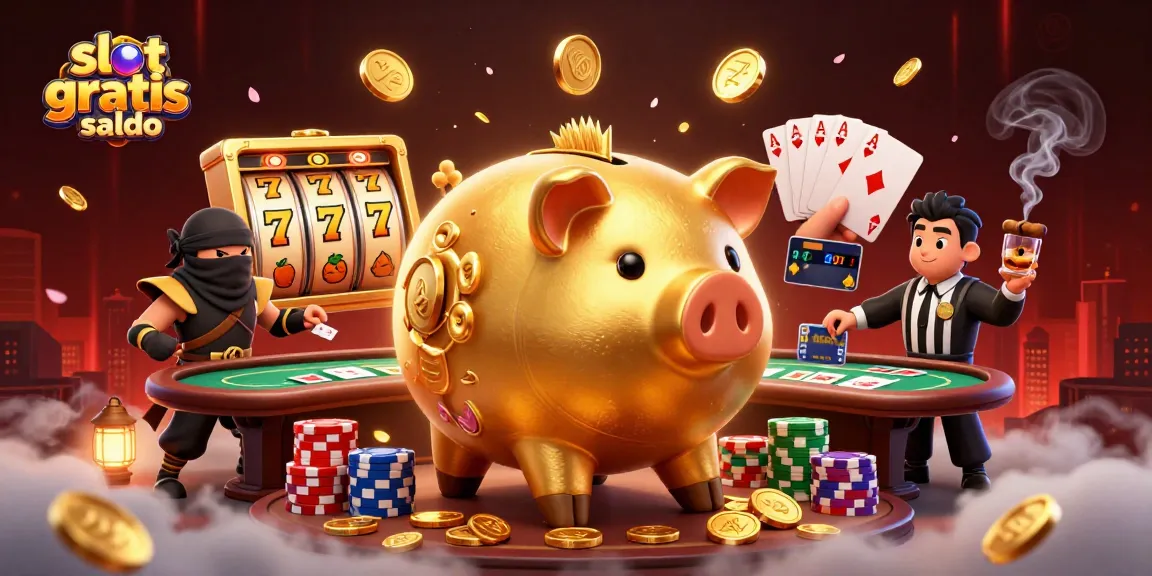 Experience the excitement of slot gratis saldo with a dynamic scene of a golden piggy bank wrestler, poker chips, and vibrant casino elements.