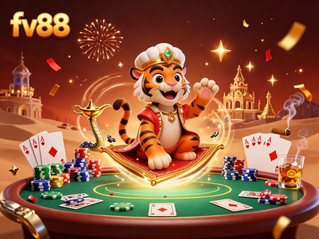 Experience vibrant casino action with fv88, featuring a magical tiger sultan and dynamic poker elements.