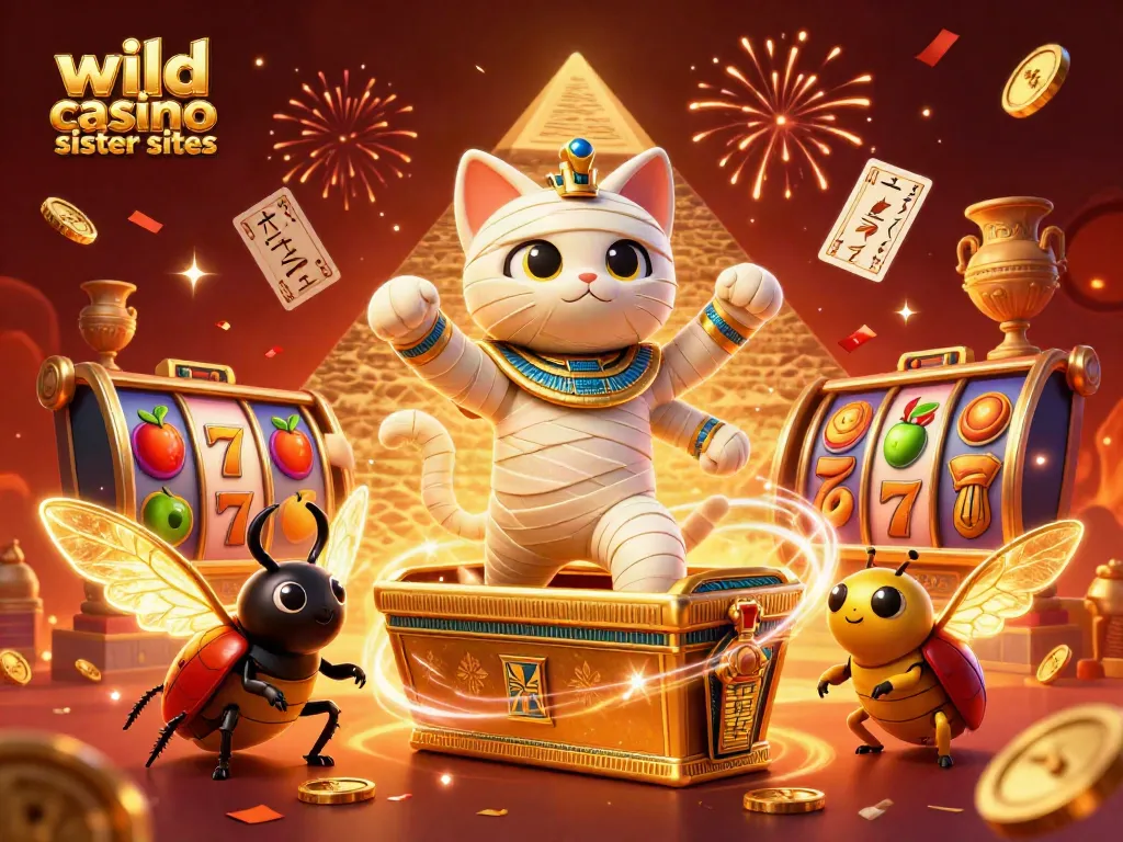 Experience wild casino sister sites with a vibrant 3D illustration of a mummy cat in a dynamic gaming scene.