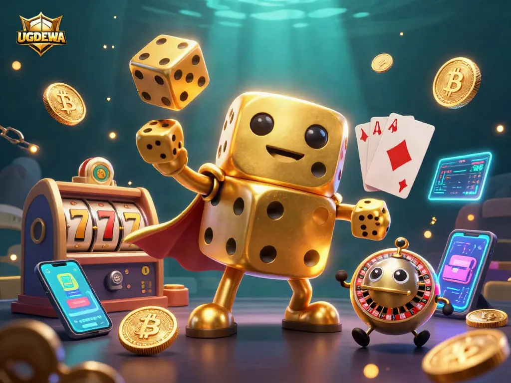 Engage with UGDEWA's dynamic slots action featuring golden dice, vibrant crypto elements, and abundant gaming excitement.