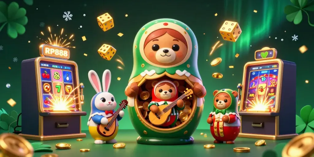 Engage with RP888's lively casino scene showcasing a 3D cartoon setting filled with slot machines, cheerful characters, and vibrant game elements.