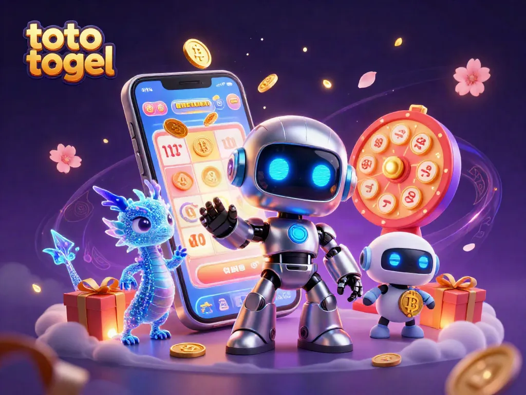 Menghadirkan keseruan toto togel dengan karakter robot cyberpunk dan elemen keberuntungan bermain di pusat gambar.