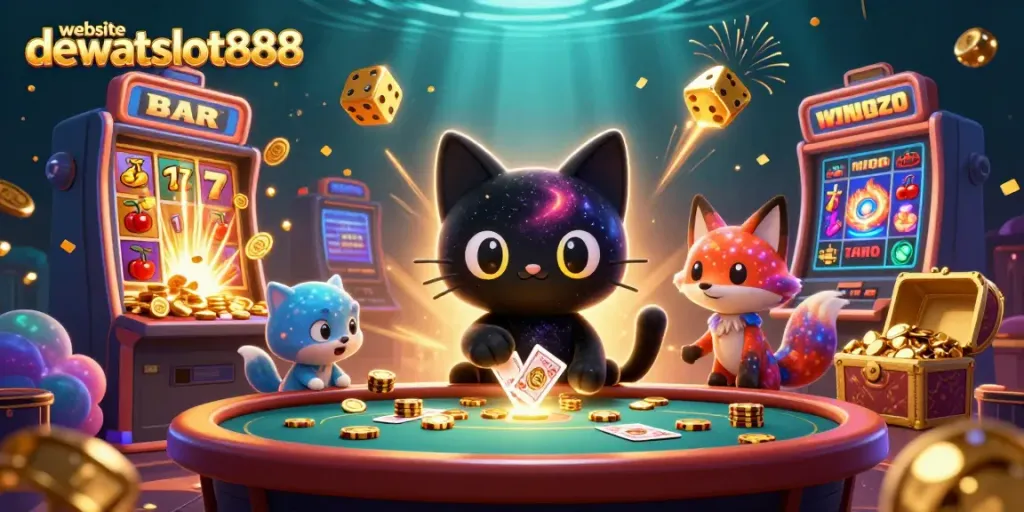 Permainan seru caps susun di website dewataslot888 dengan karakter kucing hitam dan rubah nebula dalam latar kasino cosmic.