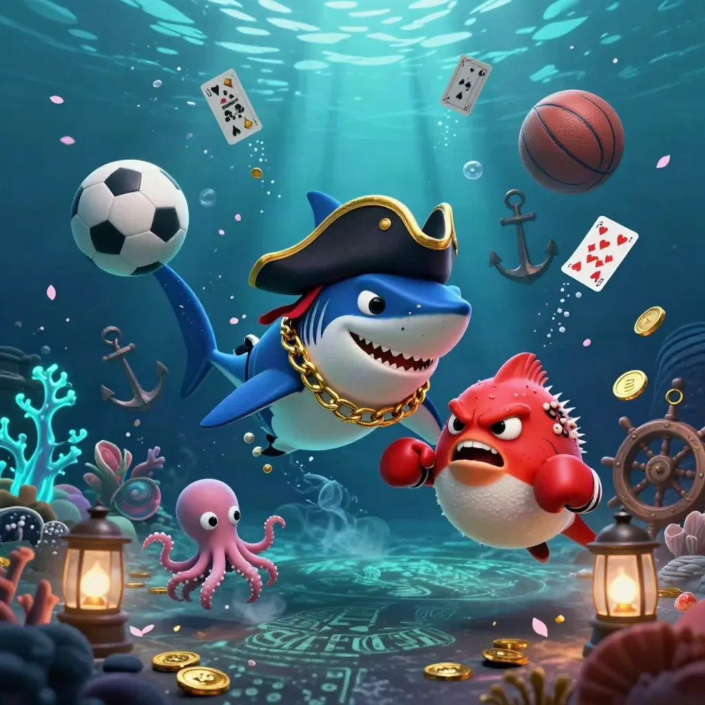 Pirate shark, pufferfish, and octopus amid a soccer-ball burst in an underwater treasure cove.