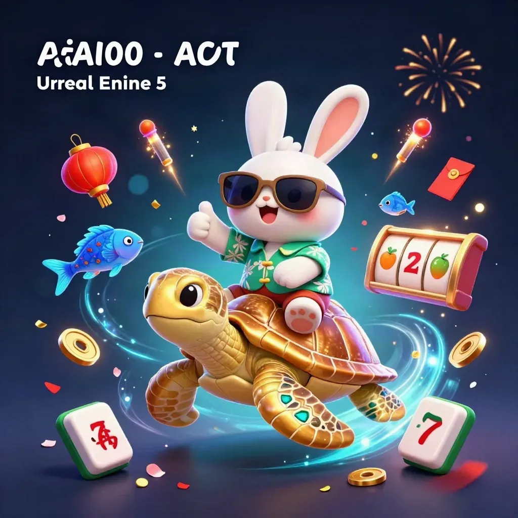 Lucky rabbit rides a golden turtle amid casino charms, fireworks, and glowing teal-gold magic.