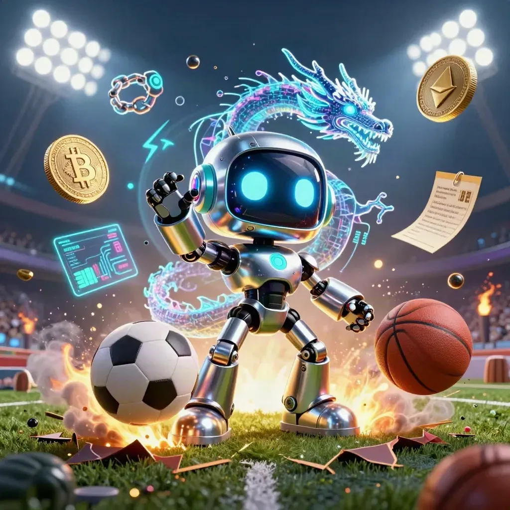 Cyberpunk robot, holo dragon, and drone amid flying balls, coins, and casino tech.