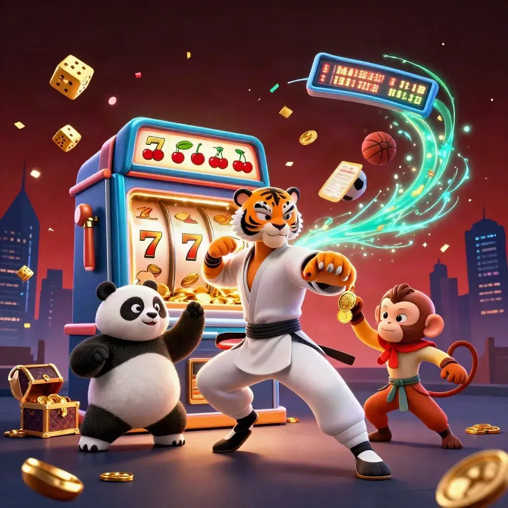 Kung-fu tiger, panda, and monkey amid jackpot bursts, slot symbols, gold, teal light, and confetti.