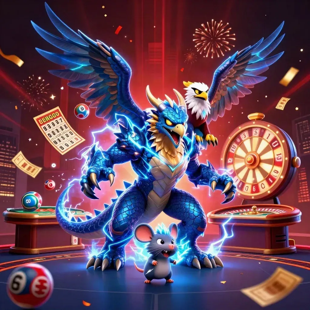 Thunder dragon, wind hawk, and static mouse amid casino lights, roulette wheel, and fireworks.