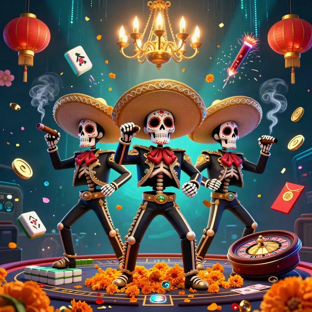 3D skeleton mariachi trio in a neon casino scene with lanterns, coins, cards and glowing teal light