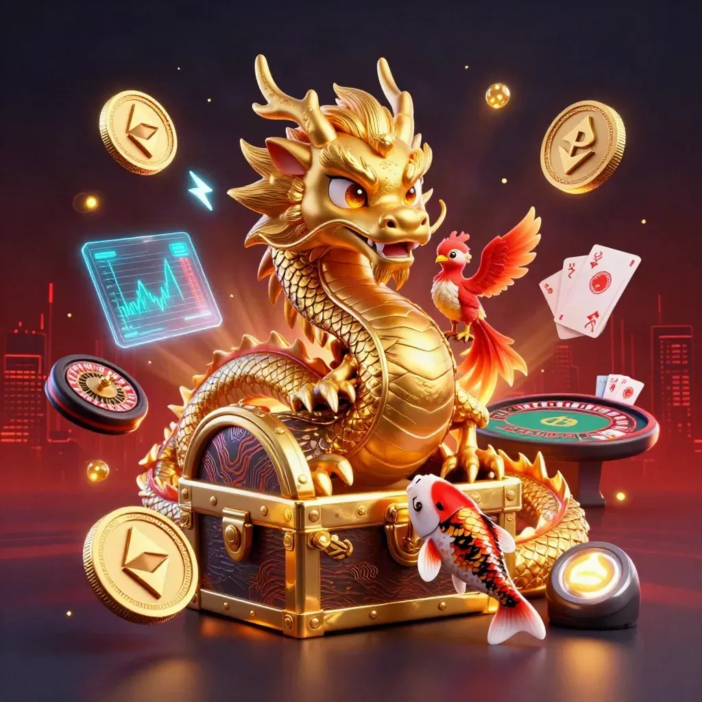 Golden dragon with phoenix and koi amid casino glow, coins, roulette wheel, and neon teal sparks.