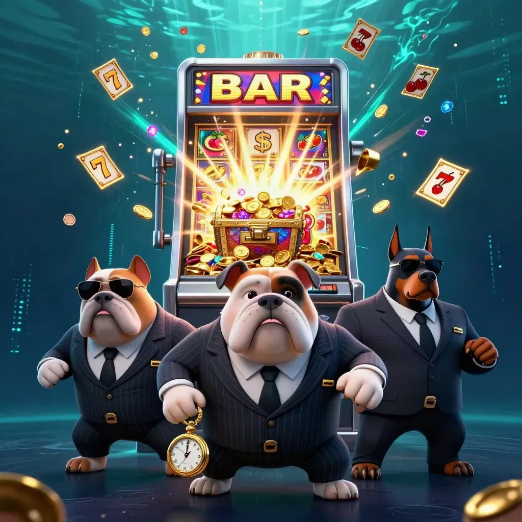 Bulldog mob boss and Doberman guards amid a bursting slot machine, gold, gems, and neon teal energy.
