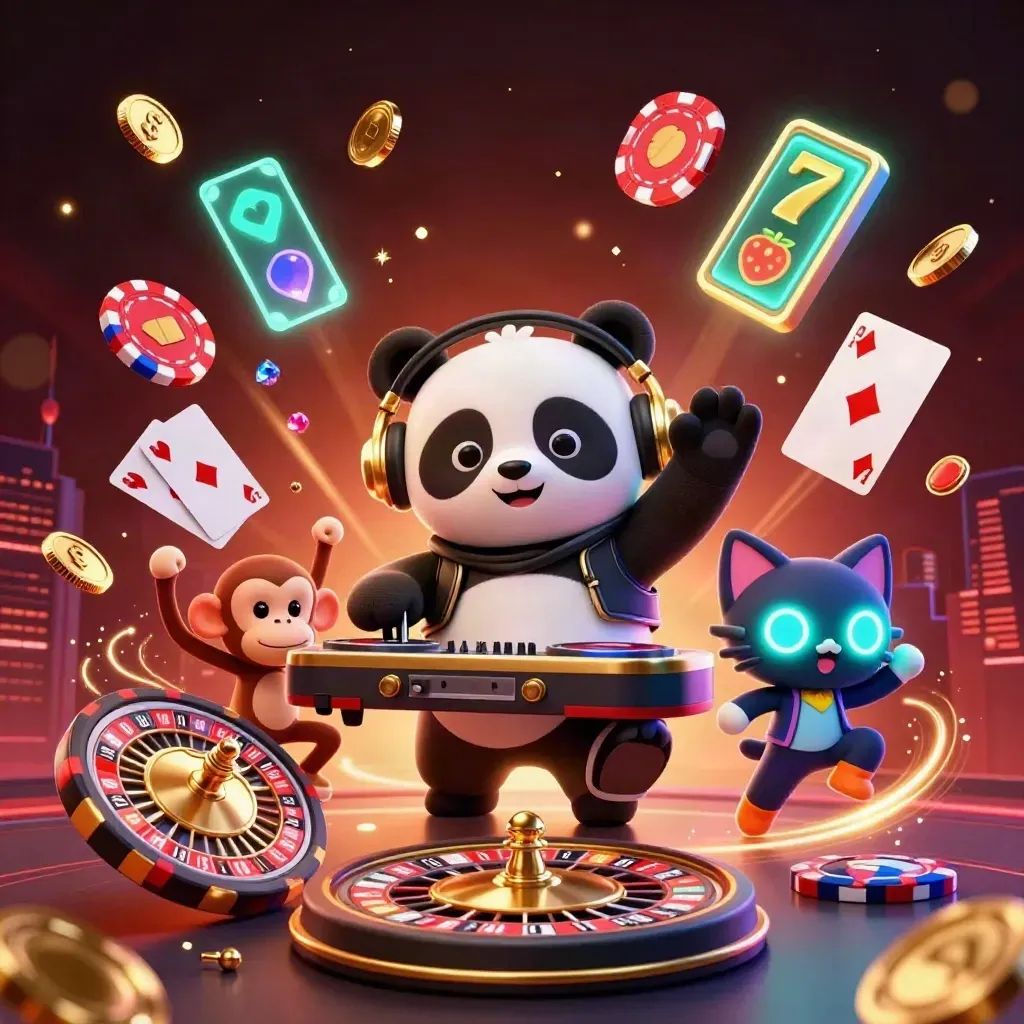 DJ panda, breakdancing monkey and rave kitten amid coins, gems and casino lights