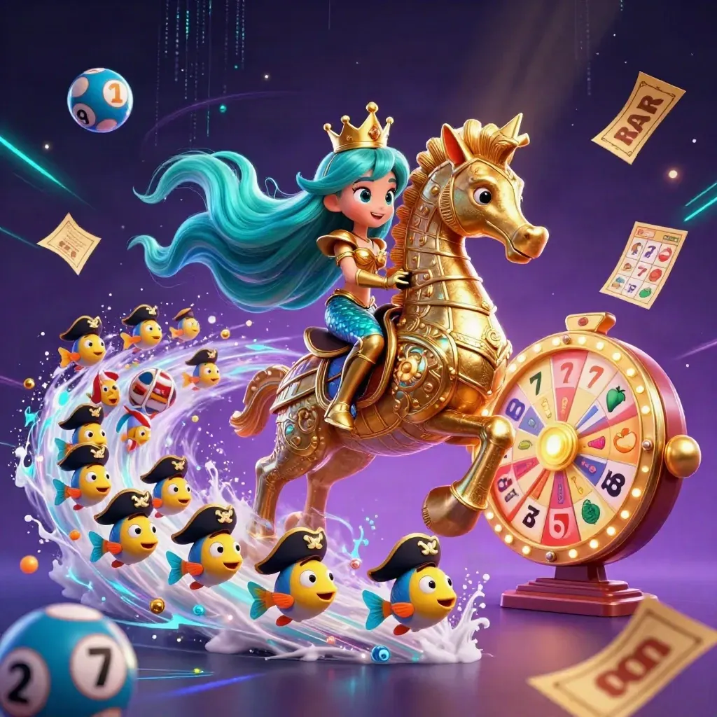 Mermaid princess on armored seahorse, fish pirates, casino loot, wheel, balls, neon teal glow