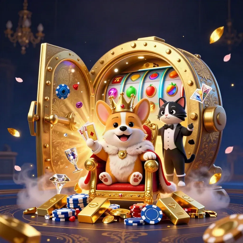 Corgi king and cat butler blast from a golden vault in teal-lit casino key art.