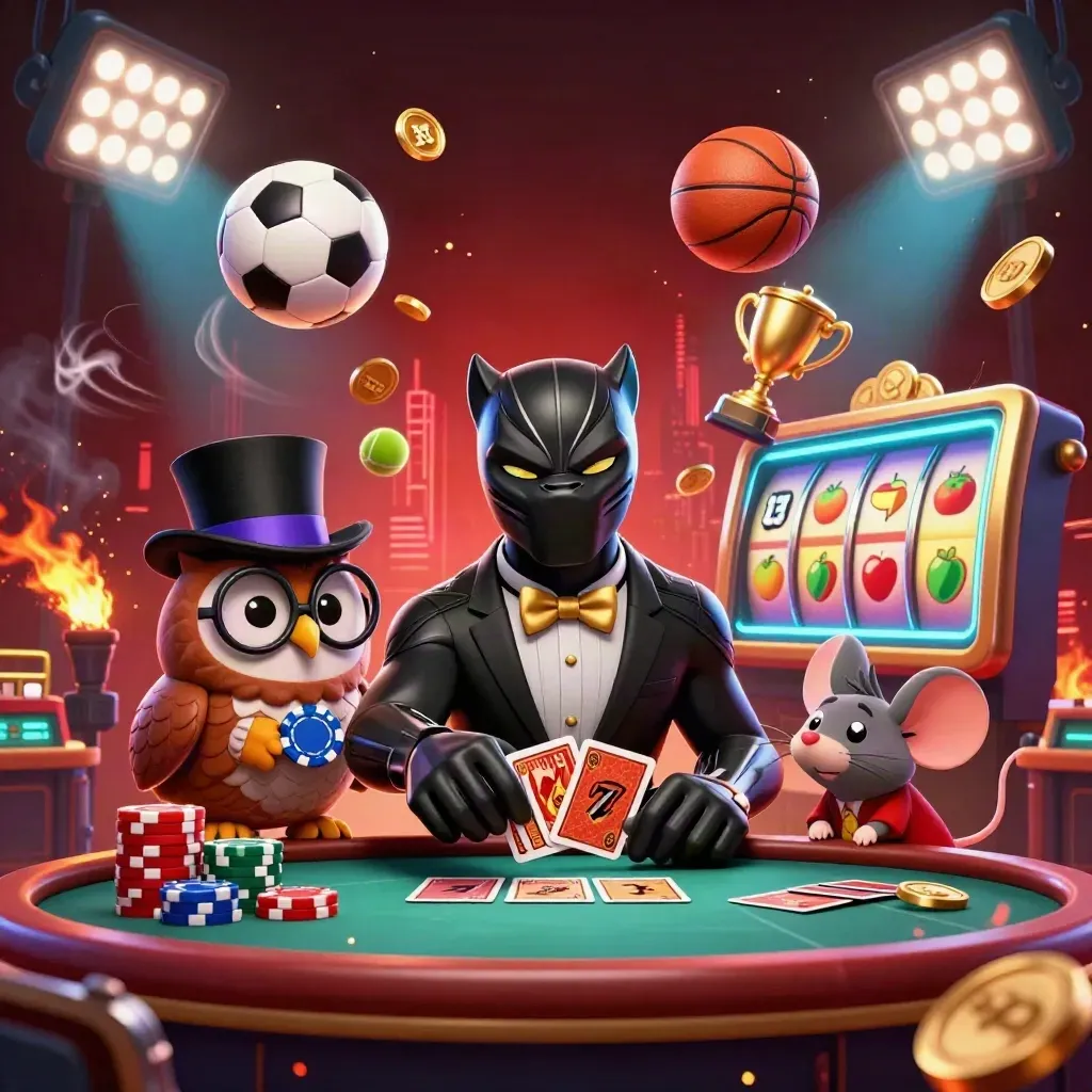 Panther, owl, and mouse in casino action amid sports balls, coins, trophies, and neon light
