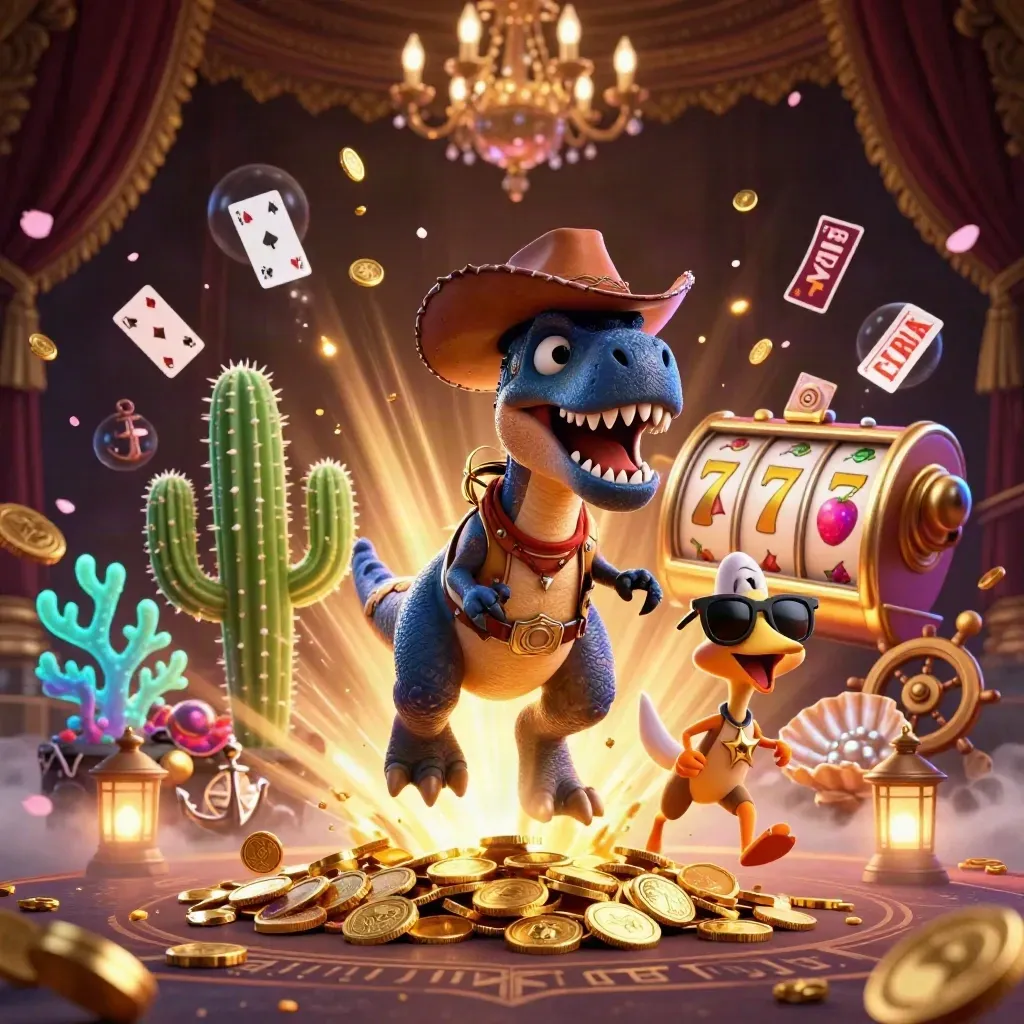 Cowboy T-Rex trio amid coins, coral, and fireworks in a luxury casino treasure burst.