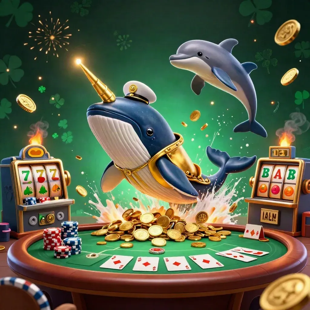 Whale captain, narwhal, and dolphins burst through coins amid casino props and fireworks